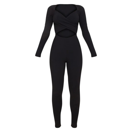 Black Rib Cross Over Long Sleeved Jumpsuit