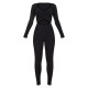 Black Rib Cross Over Long Sleeved Jumpsuit