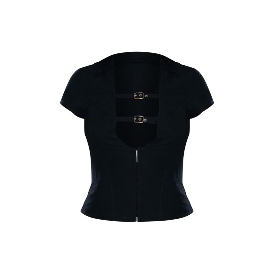 Black Plunge Buckle Detail Corset Shirt