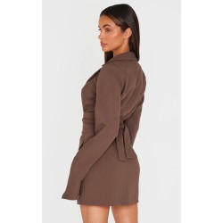 Chocolate Woven Wrap Belted Blazer Dress