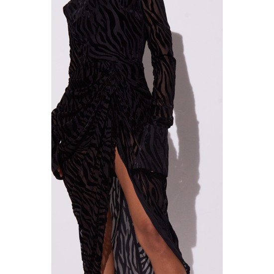 Black Zebra Print Devore High Neck Draped Midi Dress