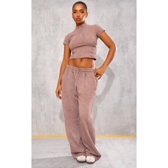 Taupe Washed Zip Up Rib Panel Top