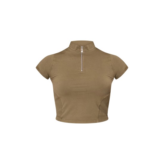 Olive Washed Zip Up Rib Panel Top