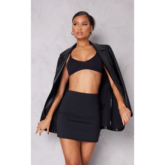 Black Stretch Woven Basic High Rise Micro Mini Skirt