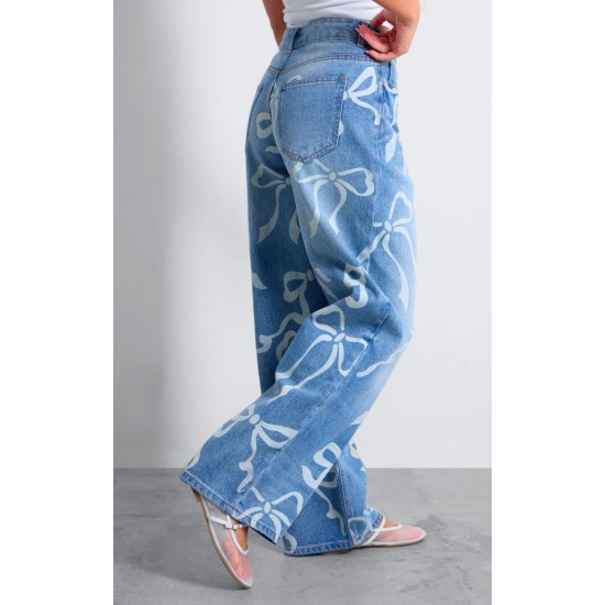 Light Blue Ribbon Detail Laser Print Jeans