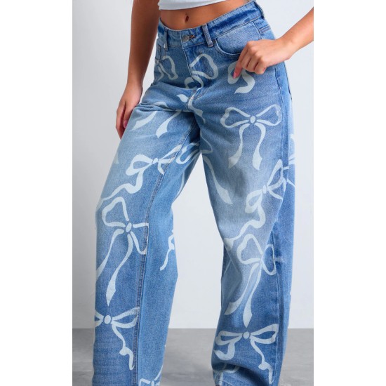 Light Blue Ribbon Detail Laser Print Jeans