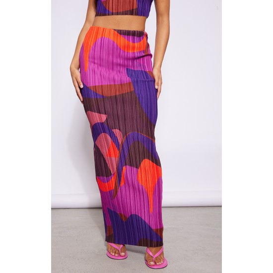 Pink Print Plisse Maxi Skirt