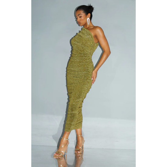 Gold Glitter Plisse Ruched One Shoulder Midi Dress