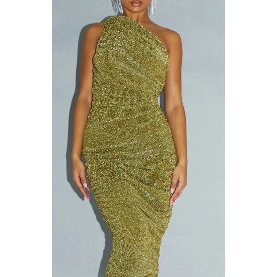 Gold Glitter Plisse Ruched One Shoulder Midi Dress