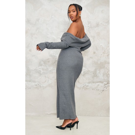 Plus Charcoal Heavy Brushed Rib Bardot Trim Maxi Dress