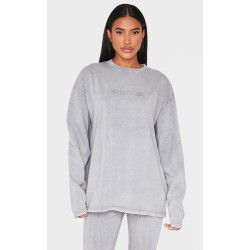 PRETTYLITTLETHING Light Grey Embossed Logo Washed Long Sleeve T-shirt