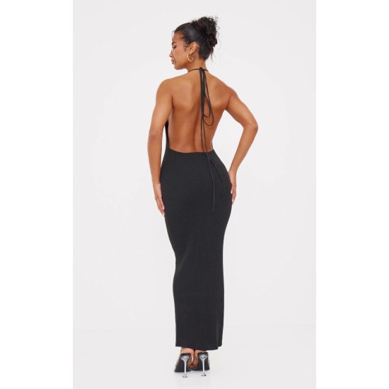 Black Fine Knit Halterneck Maxi Dress