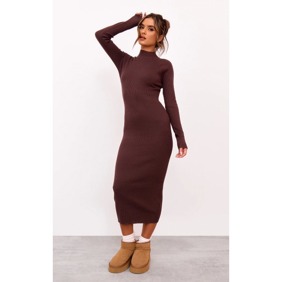 Chocolate Turtle Neck Knitted Bodycon Maxi Dress