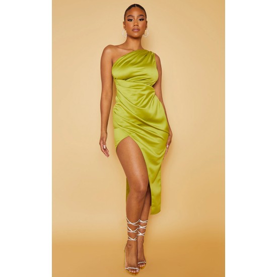 Olive Satin One Shoulder Pleat Detail Midi Dress