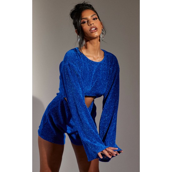 Bright Blue Glitter Plisse Flare Sleeve Cut Out Romper