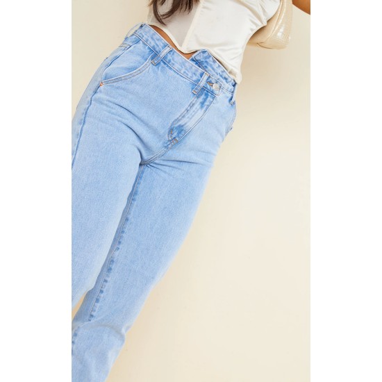 Light Blue Wash Asymmetric Waistband Long Straight Leg Jeans