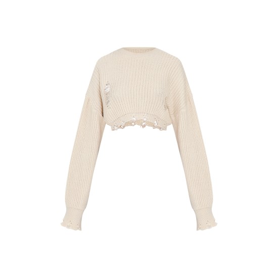 Oatmeal Chunky Knit Distressed Hem Crop Sweater