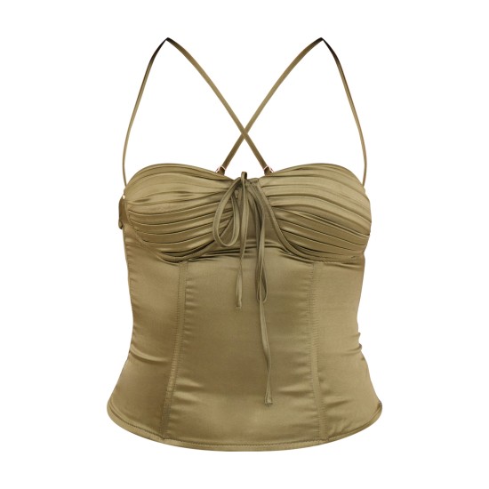 Olive Satin Pleated Bust Pointed Hem Corset