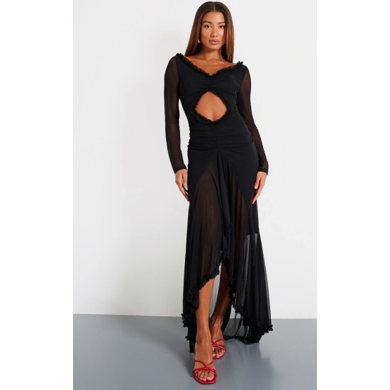 Black Mesh Long Sleeve Frill Detail Cut Out Maxi Dress