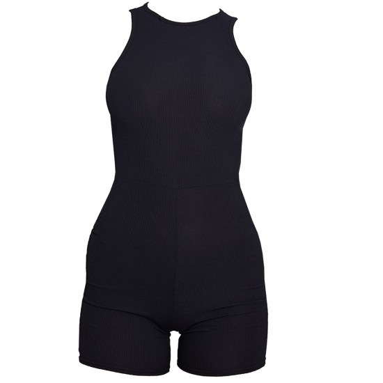 Black Ribbed Racer Neck Unitard