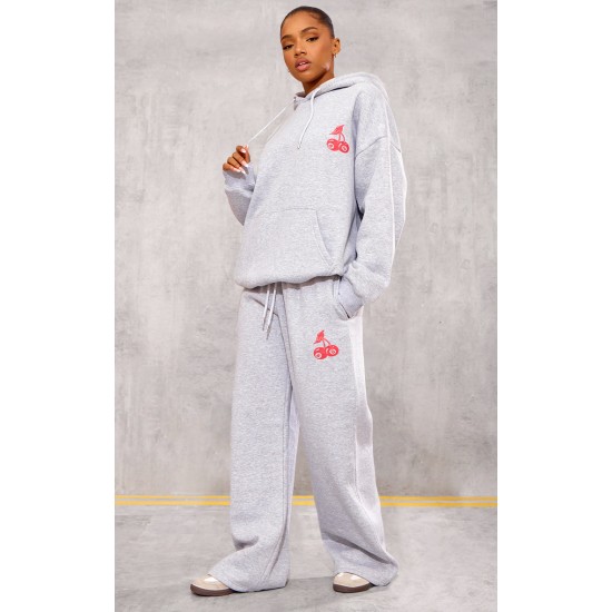 Grey Marl Cherry Print Oversized Wide Leg Sweatpants