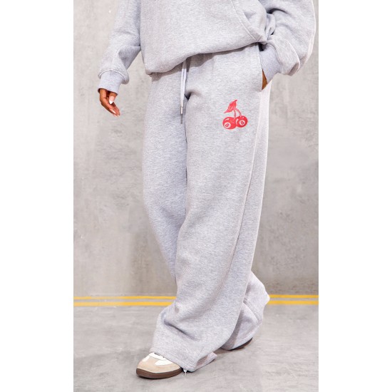 Grey Marl Cherry Print Oversized Wide Leg Sweatpants