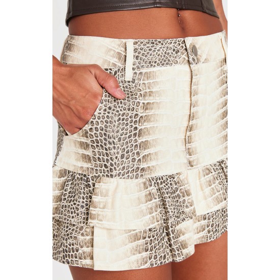 Stone Snake Print Faux Leather Frill Hem Mini Skirt