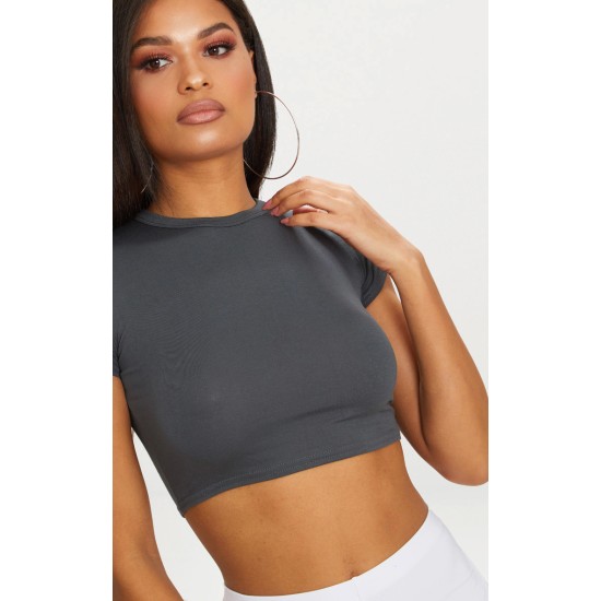 Basic Charcoal Grey Short Sleeve Crop T Shirt