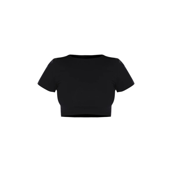 Basic Black Cotton Blend Short Sleeve Crop Top