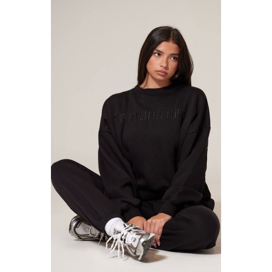 PRETTYLITTLETHING Black Boxy Embroidered Sweatshirt