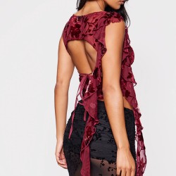Red Devore Boatneck Ruffle Detail Backless Long Top
