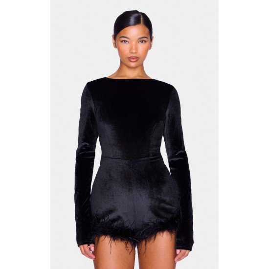 Black Velvet Long Sleeve Feather Trim Romper