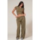 Olive Washed Rib Panel Wide Leg Sweatpants