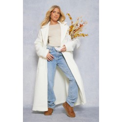 White Boucle Oversized Tie Waist Maxi Coat