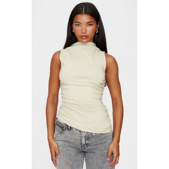 Stone High Neck Ruched Asymmetrical Long Top