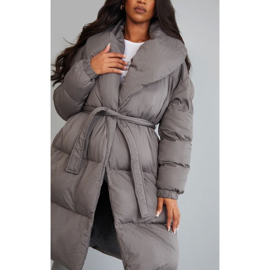 Maternity Grey Oversized Collar Belted Longline Puffer