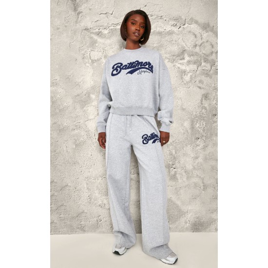 Tall Grey Marl Baltimore Borg Applique Detail Wide Leg Sweatpants