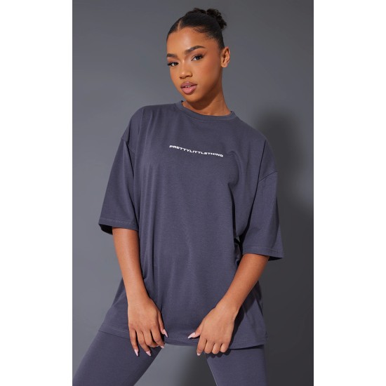 PRETTYLITTLETHING Charcoal Printed Oversized T-shirt