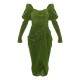 Green Glitter Plisse Puff Sleeve V Bar Draped Midi Dress