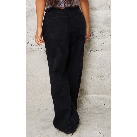 Petite Black Denim Frayed Tie Waist Wide Leg Jeans