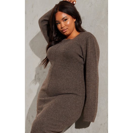 Plus Chocolate Knitted Seam Front Midaxi Dress