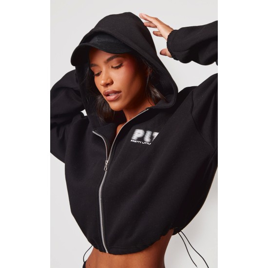 PRETTYLITTLETHING Black Elasticated Hem Zip Up Hoodie