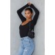 Basic Black Cotton Blend Scoop Neck Long Sleeve Bodysuit