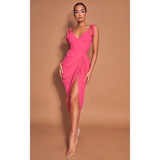 Hot Pink Underwire Detail Draped Midi Dress