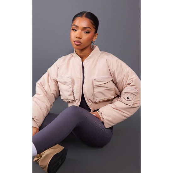 Beige Cropped Ruched Sleeve Utility Pocket Bomber Jacket