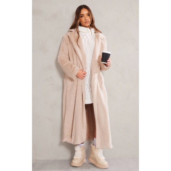 Beige Premium Soft Faux Fur Tailored Maxi Coat