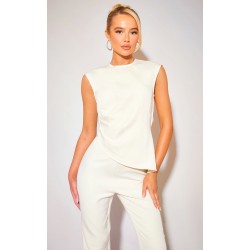 Cream Tailored Side Ruched Asymmetric Hem Longline Top