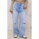 Blue Distressed Detail Straight Leg Jeans