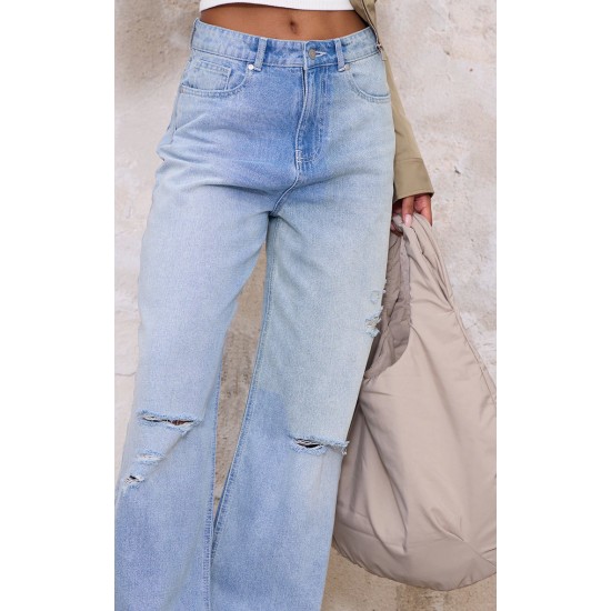 Blue Distressed Detail Straight Leg Jeans