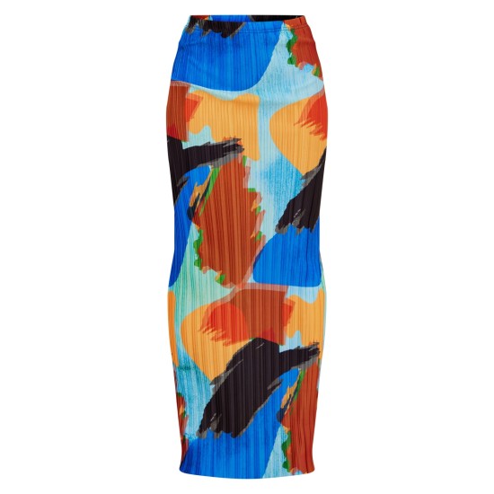 Blue Abstract Print Plisse Maxi Skirt